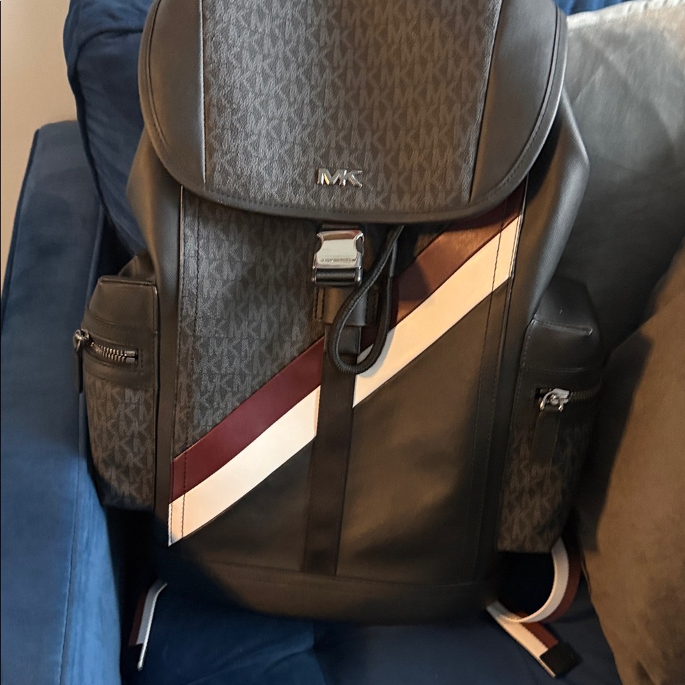 Michael Kors Gray and Black Backpack with Burgundy and White Stripe